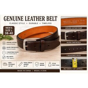 Barbados Leather Mens Brown Genuine Leather Belt Silver Buckle 38-40 Model 2046